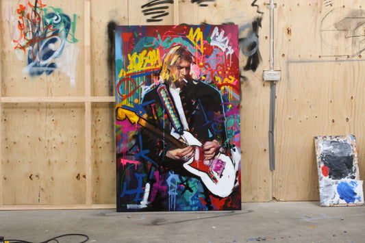 Kurt Cobain portrait painting — detail of brushwork and spray paint texture, hand-painted by Richard Day Studio
