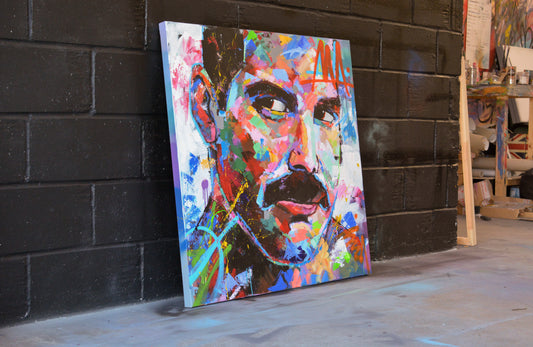 Freddie Mercury portrait painting — detail of brushwork and spray paint texture, hand-painted by Richard Day Studio