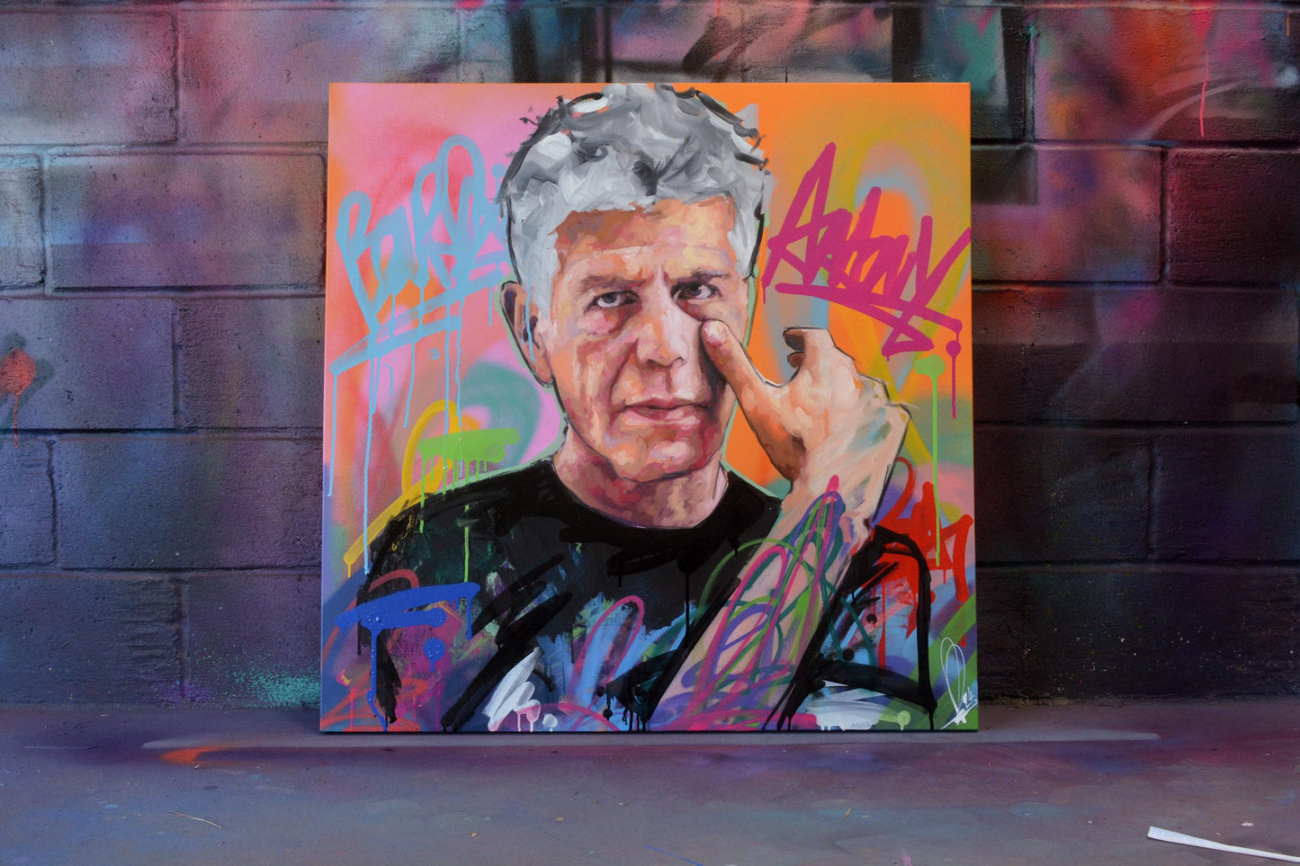 Anthony Bourdain original portrait painting (No Reservations) — texture and surface detail in oil and acrylic by Richard Day