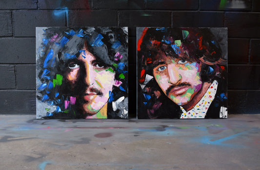 The Beatles portrait painting — detail of brushwork and spray paint texture, hand-painted by Richard Day Studio