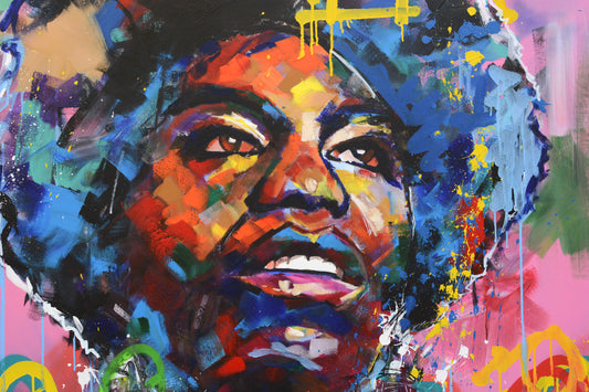 Nina Simone portrait painting — detail of brushwork and spray paint texture, hand-painted by Richard Day Studio