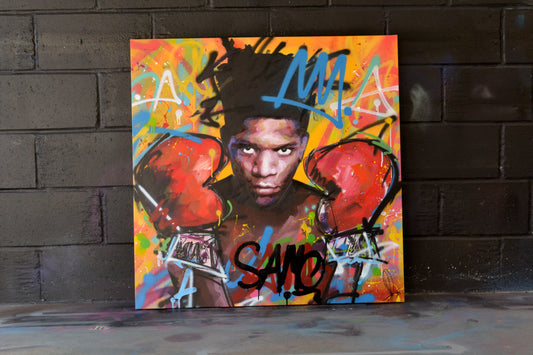 Jean-Michel Basquiat portrait painting — detail of brushwork and spray paint texture, hand-painted by Richard Day Studio