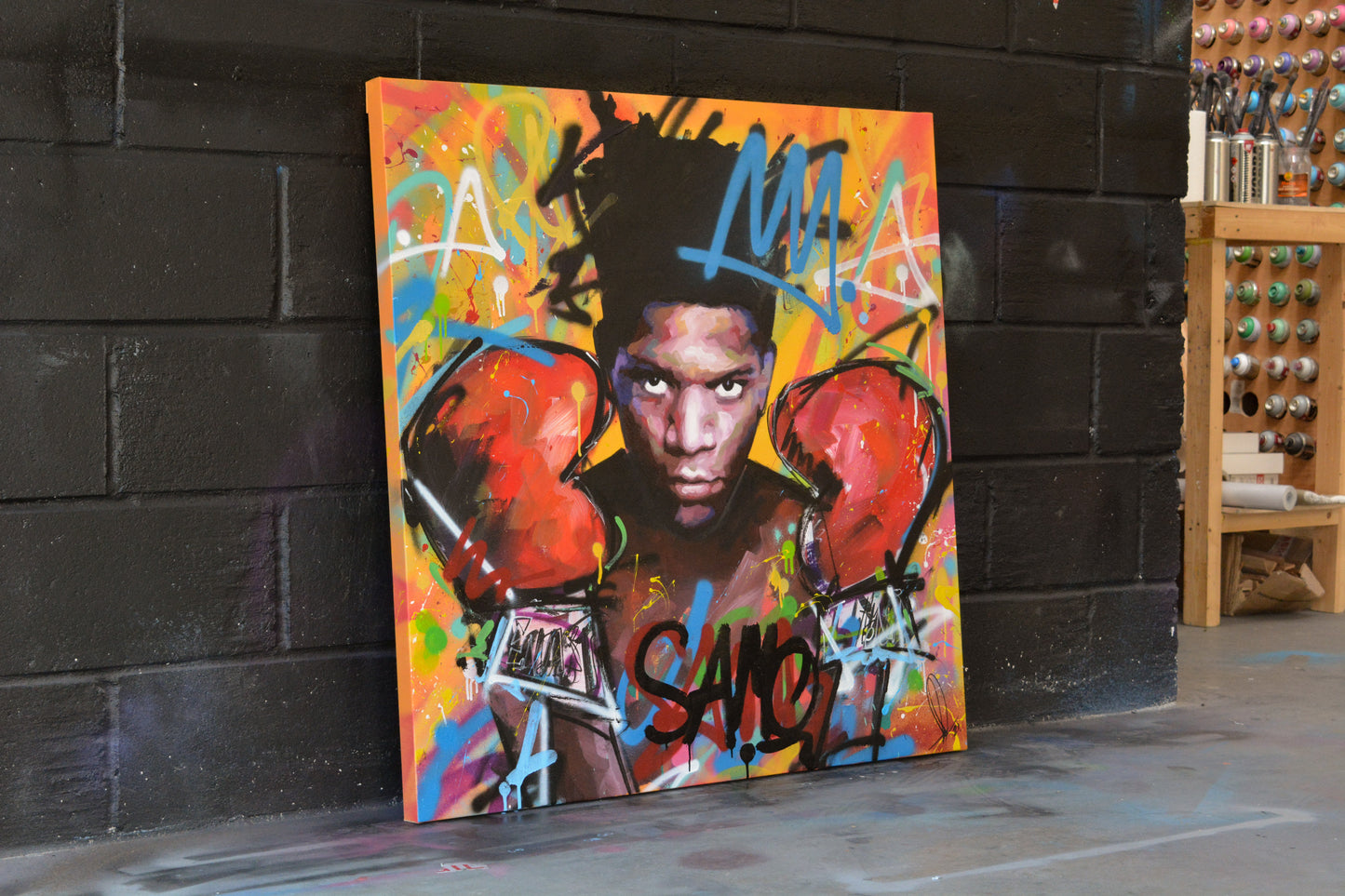 Jean-Michel Basquiat hand-painted portrait — close-up of original oil and acrylic on canvas by Richard Day