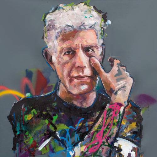 Original oil and acrylic portrait painting of Anthony Bourdain (Parts Unknown) by Richard Day — graffiti-influenced contemporary portrait