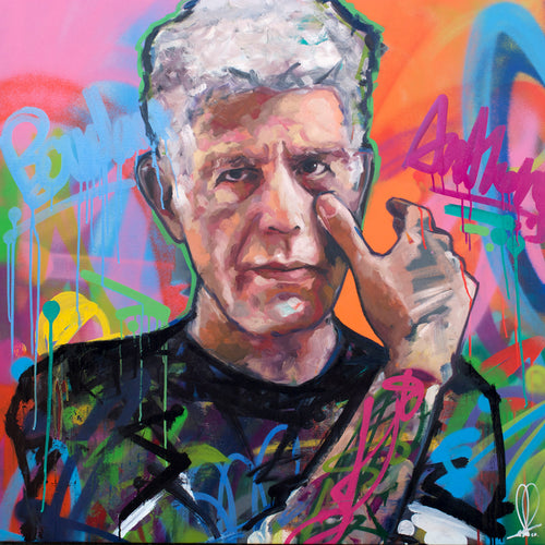 Original oil and acrylic portrait painting of Anthony Bourdain (No Reservations) by Richard Day — graffiti-influenced contemporary portrait