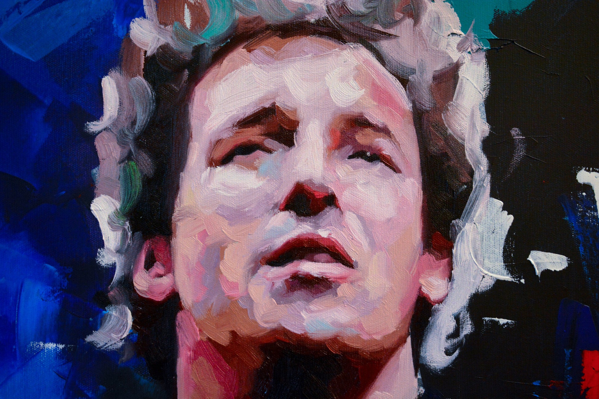 Bruce Springsteen portrait painting — detail of brushwork and spray paint texture, hand-painted by Richard Day Studio