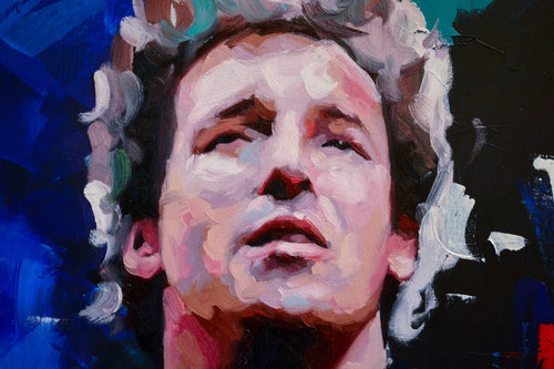 Bruce Springsteen portrait painting — detail of brushwork and spray paint texture, hand-painted by Richard Day Studio