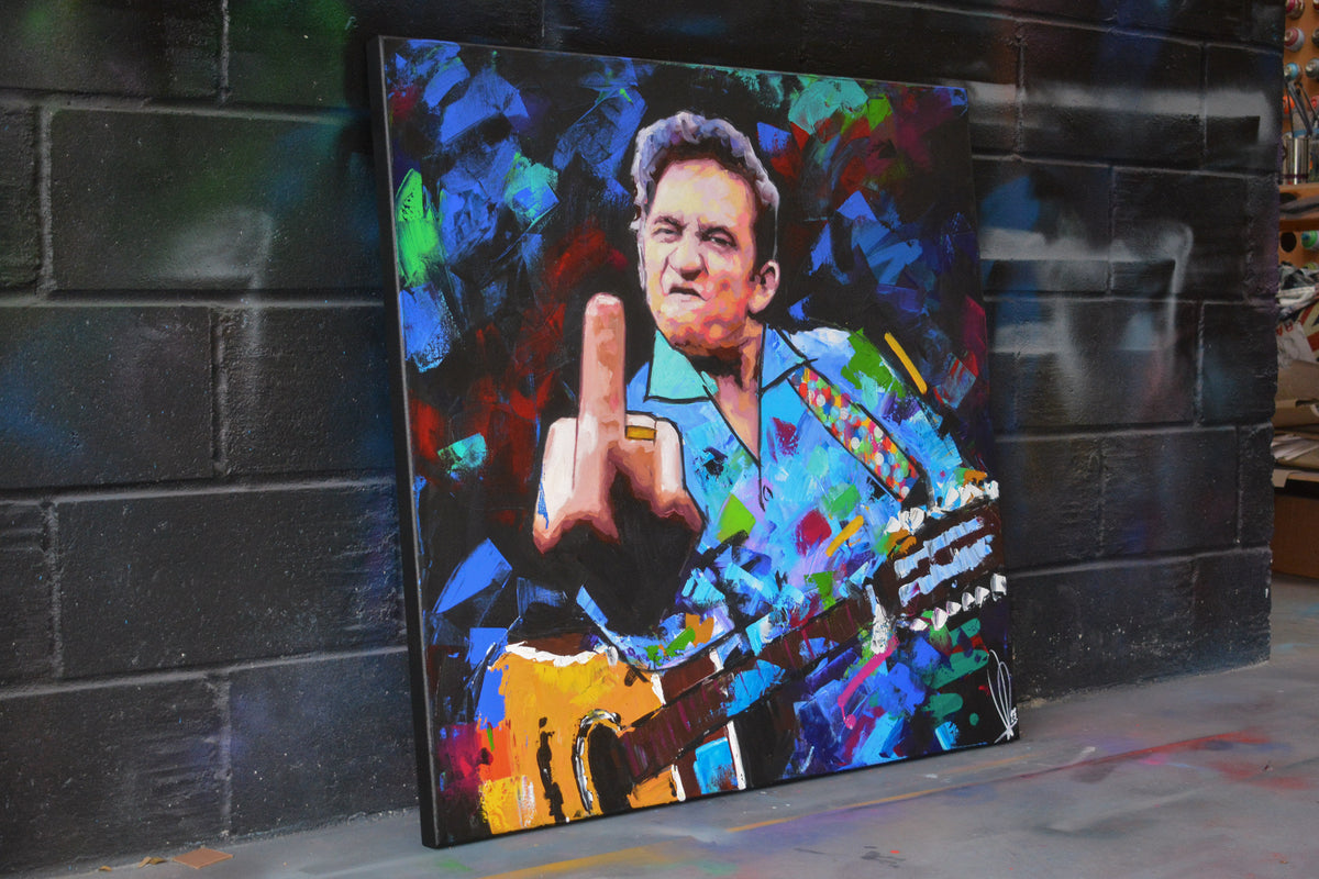 Johnny Cash portrait painting — detail of brushwork and spray paint texture, hand-painted by Richard Day Studio