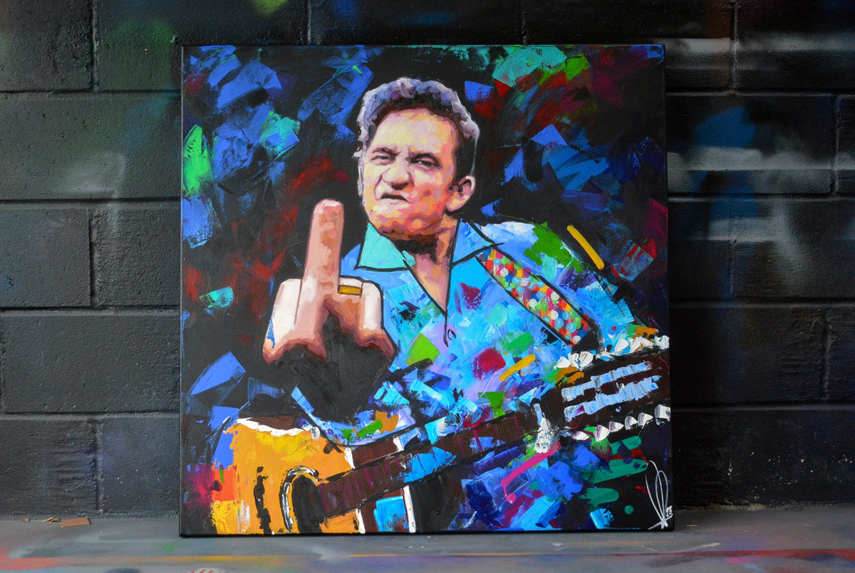 Original oil and acrylic portrait painting of Johnny Cash by Richard Day — graffiti-influenced contemporary portrait