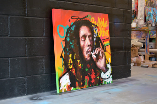 Bob Marley portrait painting — detail of brushwork and spray paint texture, hand-painted by Richard Day Studio
