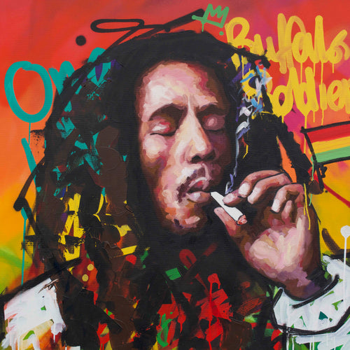 Original oil and acrylic portrait painting of Bob Marley by Richard Day — graffiti-influenced contemporary portrait