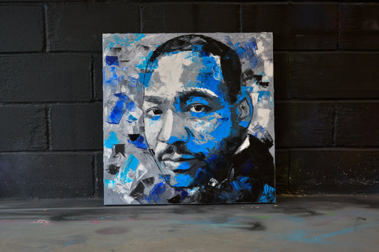 Martin Luther King portrait painting — detail of brushwork and spray paint texture, hand-painted by Richard Day Studio
