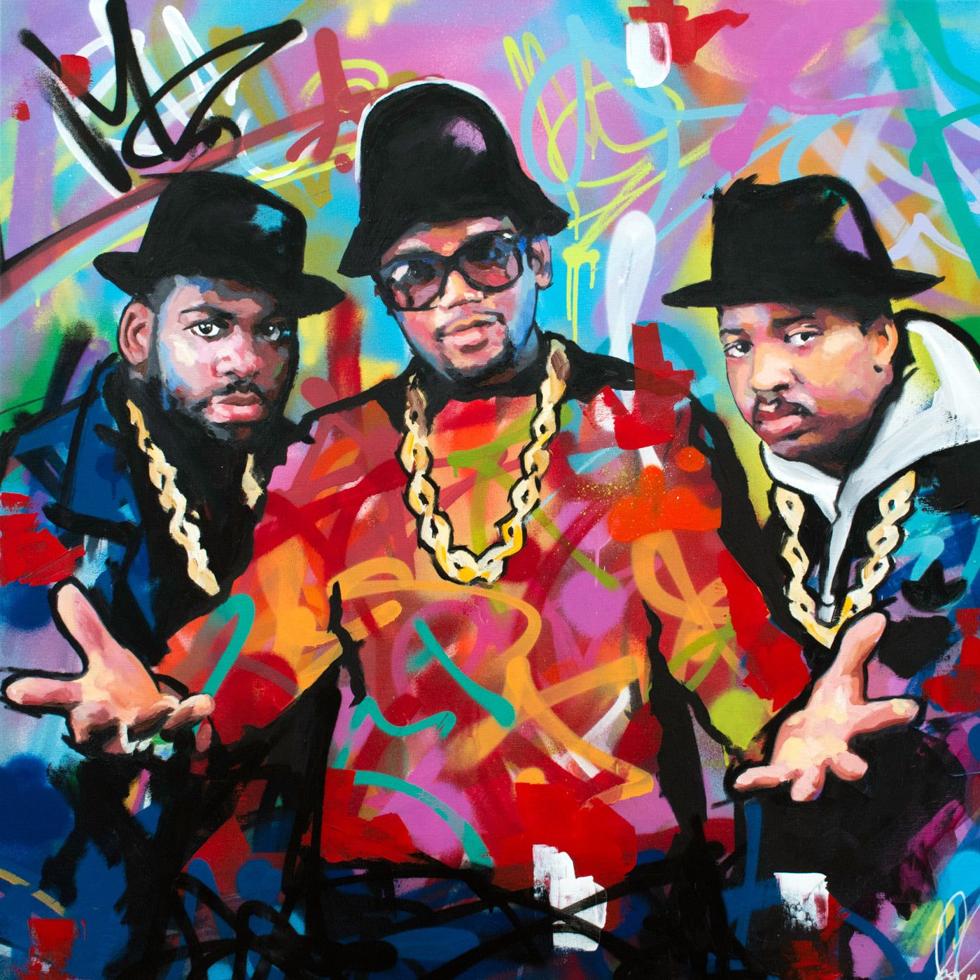 Original oil and acrylic portrait painting of Run-D.M.C by Richard Day — graffiti-influenced contemporary portrait