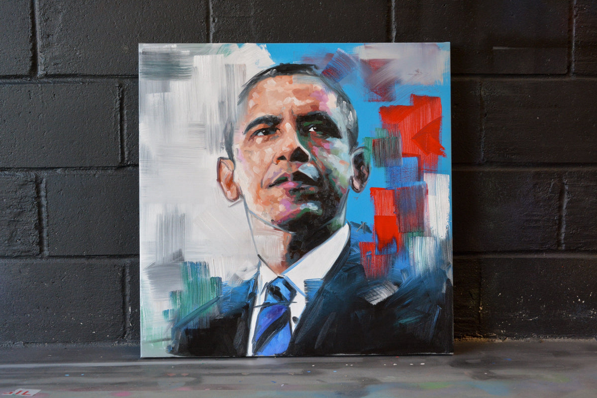 Original oil and acrylic portrait painting of Barack Obama by Richard Day — graffiti-influenced contemporary portrait