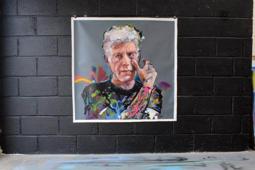 Anthony Bourdain portrait painting (Parts Unknown) — detail of brushwork and spray paint texture, hand-painted by Richard Day Studio