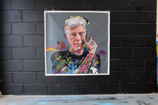 Anthony Bourdain portrait painting (Parts Unknown) — detail of brushwork and spray paint texture, hand-painted by Richard Day Studio