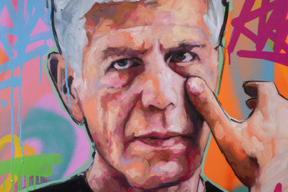 Anthony Bourdain hand-painted portrait (No Reservations) — close-up of original oil and acrylic on canvas by Richard Day