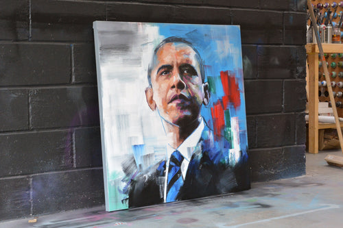 Barack Obama portrait painting — detail of brushwork and spray paint texture, hand-painted by Richard Day Studio
