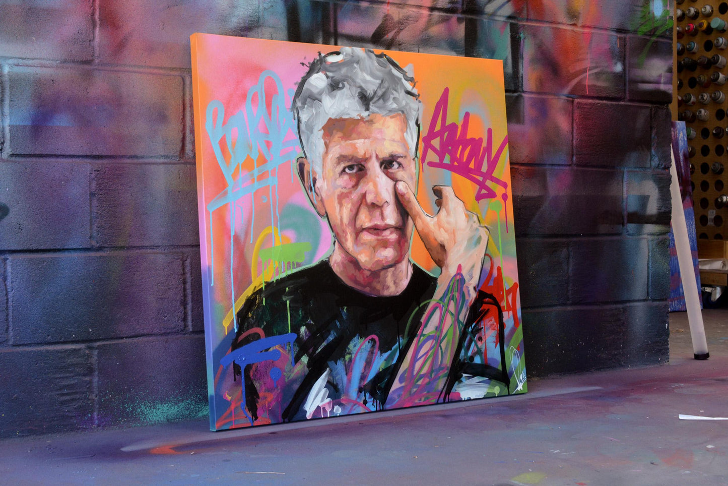 Anthony Bourdain portrait painting on canvas (No Reservations) — graffiti-influenced original artwork from Richard Day Studio, Norwich