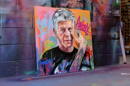 Anthony Bourdain portrait painting on canvas (No Reservations) — graffiti-influenced original artwork from Richard Day Studio, Norwich