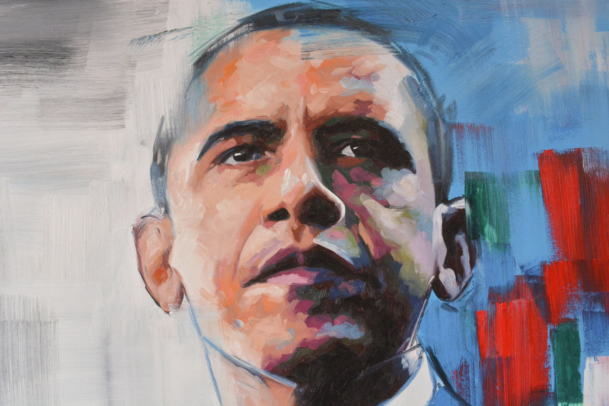 Barack Obama hand-painted portrait — close-up of original oil and acrylic on canvas by Richard Day