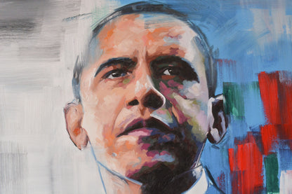 Barack Obama hand-painted portrait — close-up of original oil and acrylic on canvas by Richard Day