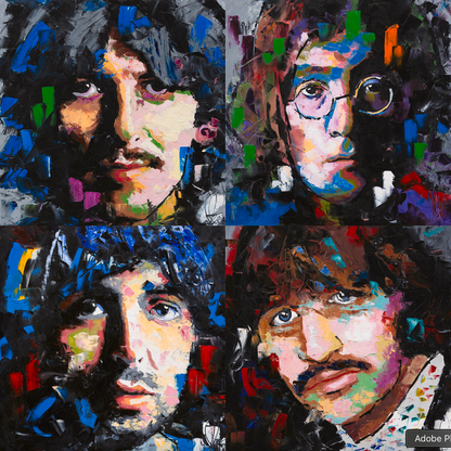 Original oil and acrylic portrait painting of The Beatles by Richard Day — graffiti-influenced contemporary portrait