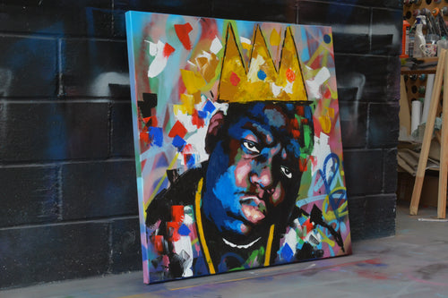 Biggie Smalls portrait painting — detail of brushwork and spray paint texture, hand-painted by Richard Day Studio