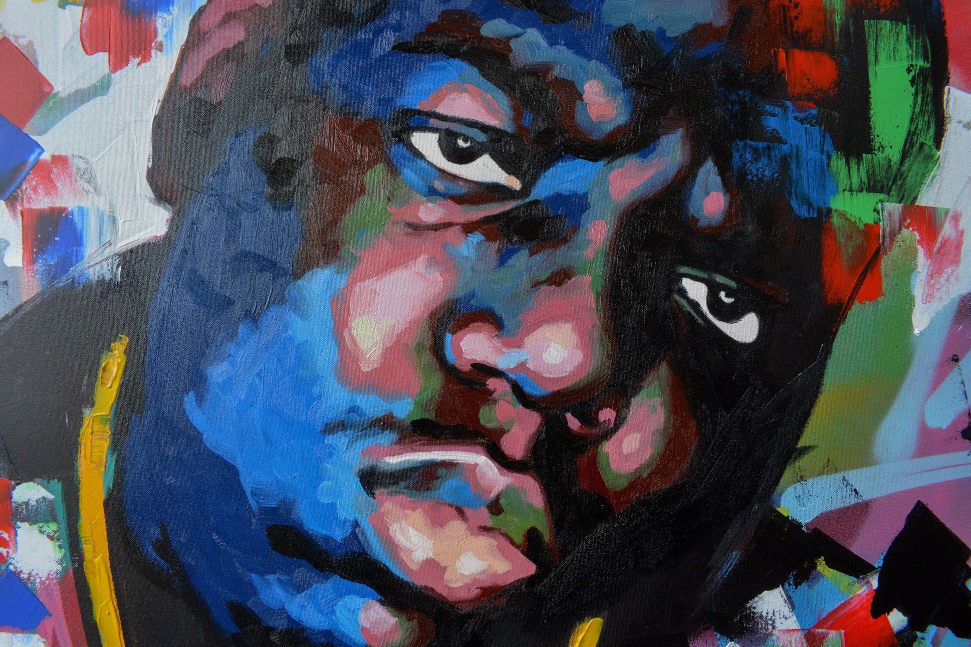 Biggie Smalls original portrait painting — texture and surface detail in oil and acrylic by Richard Day