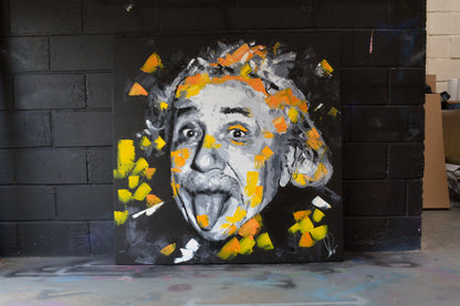 Albert Einstein portrait painting — detail of brushwork and spray paint texture, hand-painted by Richard Day Studio