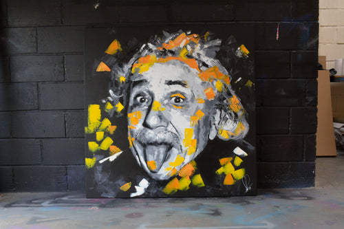 Albert Einstein portrait painting — detail of brushwork and spray paint texture, hand-painted by Richard Day Studio