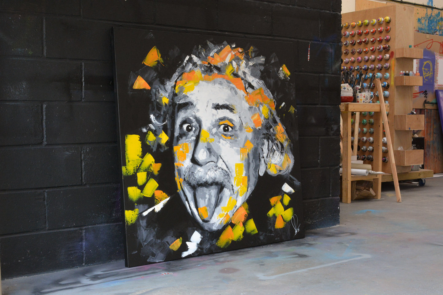 Albert Einstein hand-painted portrait — close-up of original oil and acrylic on canvas by Richard Day