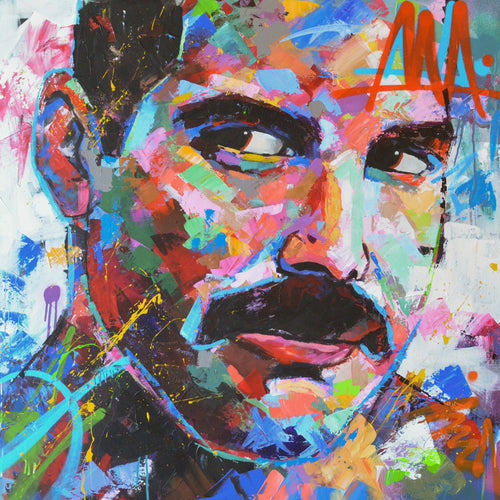 Original oil and acrylic portrait painting of Freddie Mercury by Richard Day — graffiti-influenced contemporary portrait