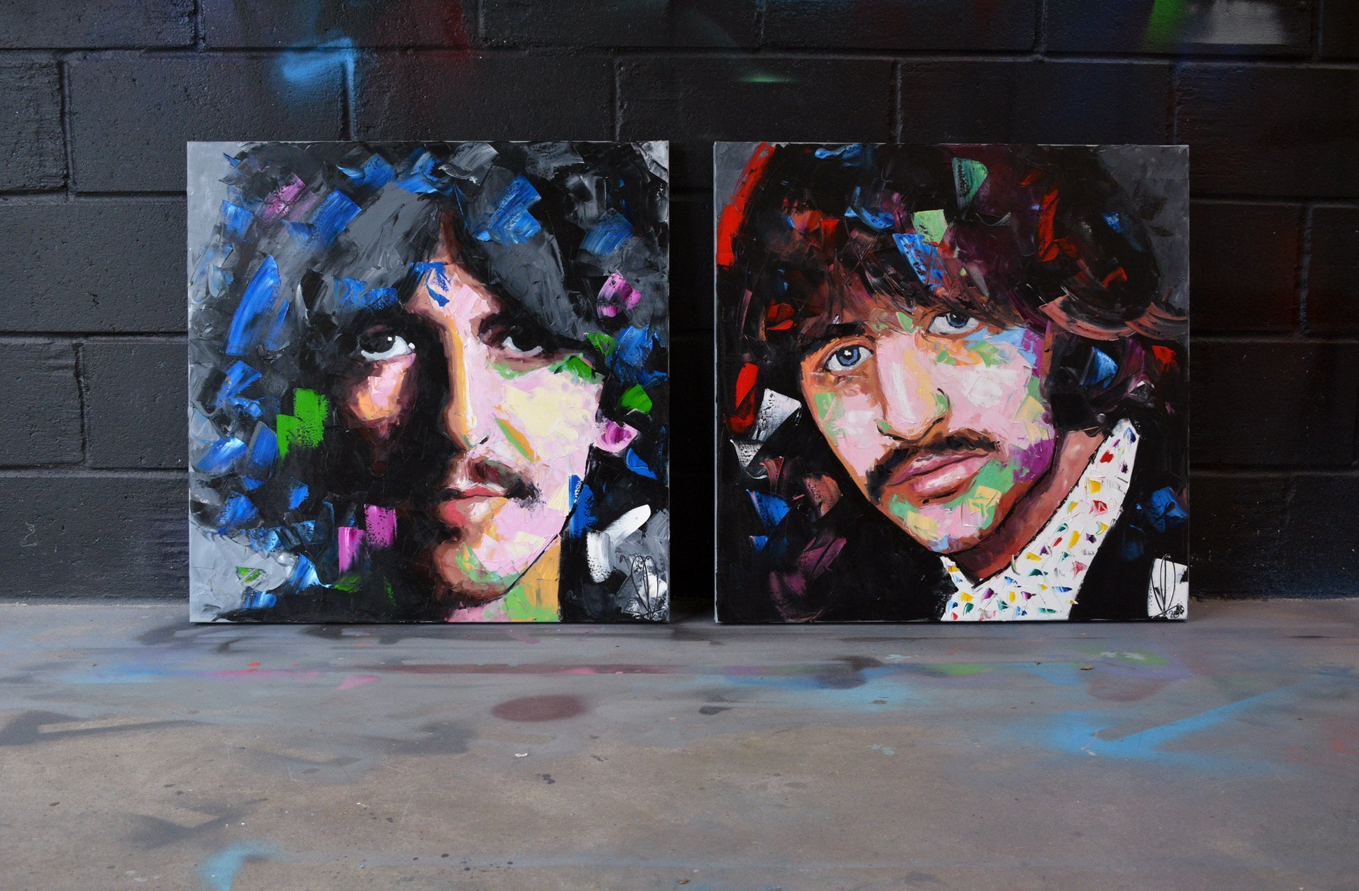 The Beatles portrait painting — detail of brushwork and spray paint texture, hand-painted by Richard Day Studio