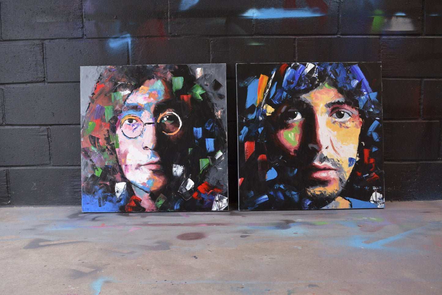 The Beatles hand-painted portrait — close-up of original oil and acrylic on canvas by Richard Day