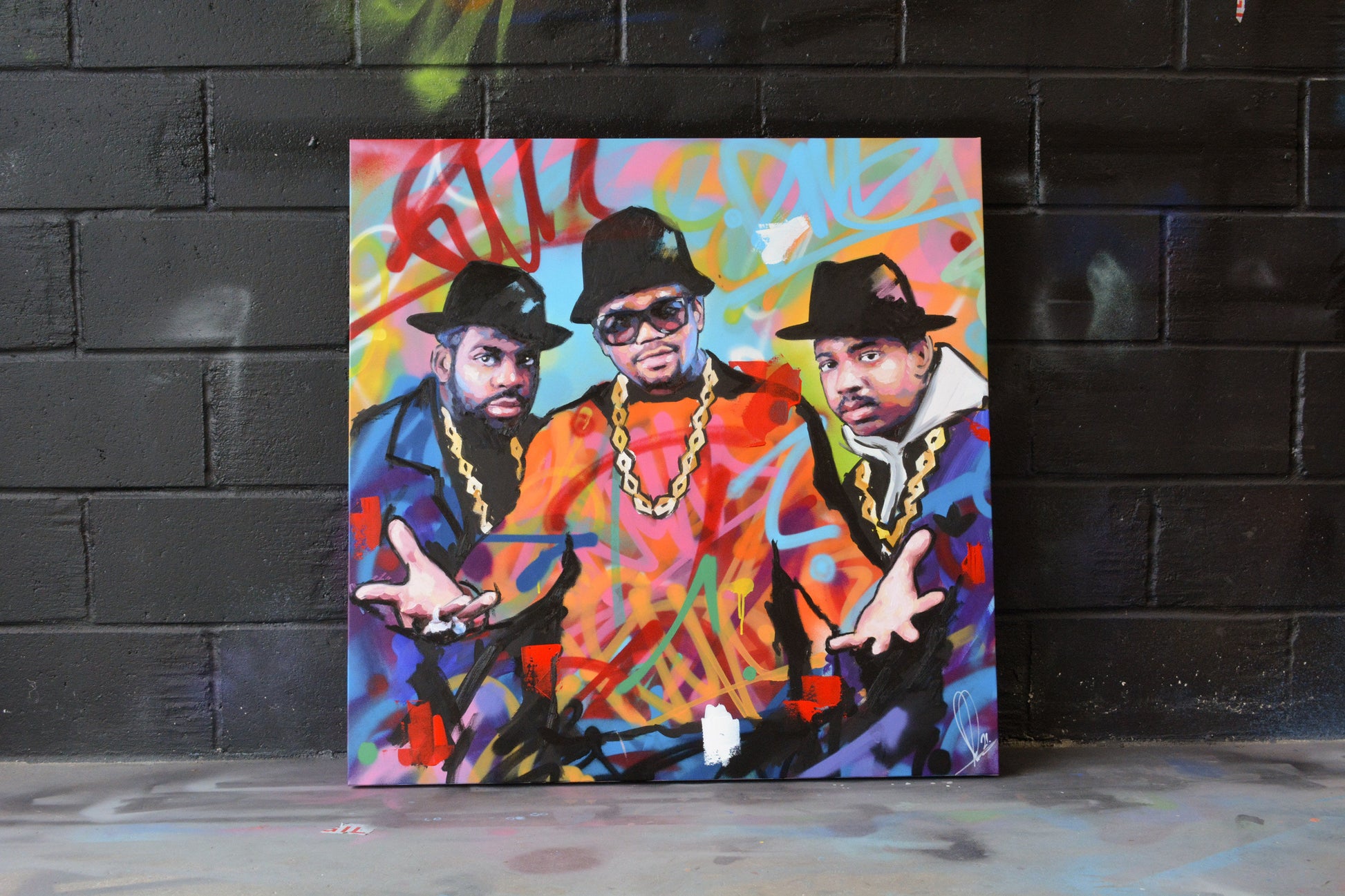 Run-D.M.C portrait painting — detail of brushwork and spray paint texture, hand-painted by Richard Day Studio