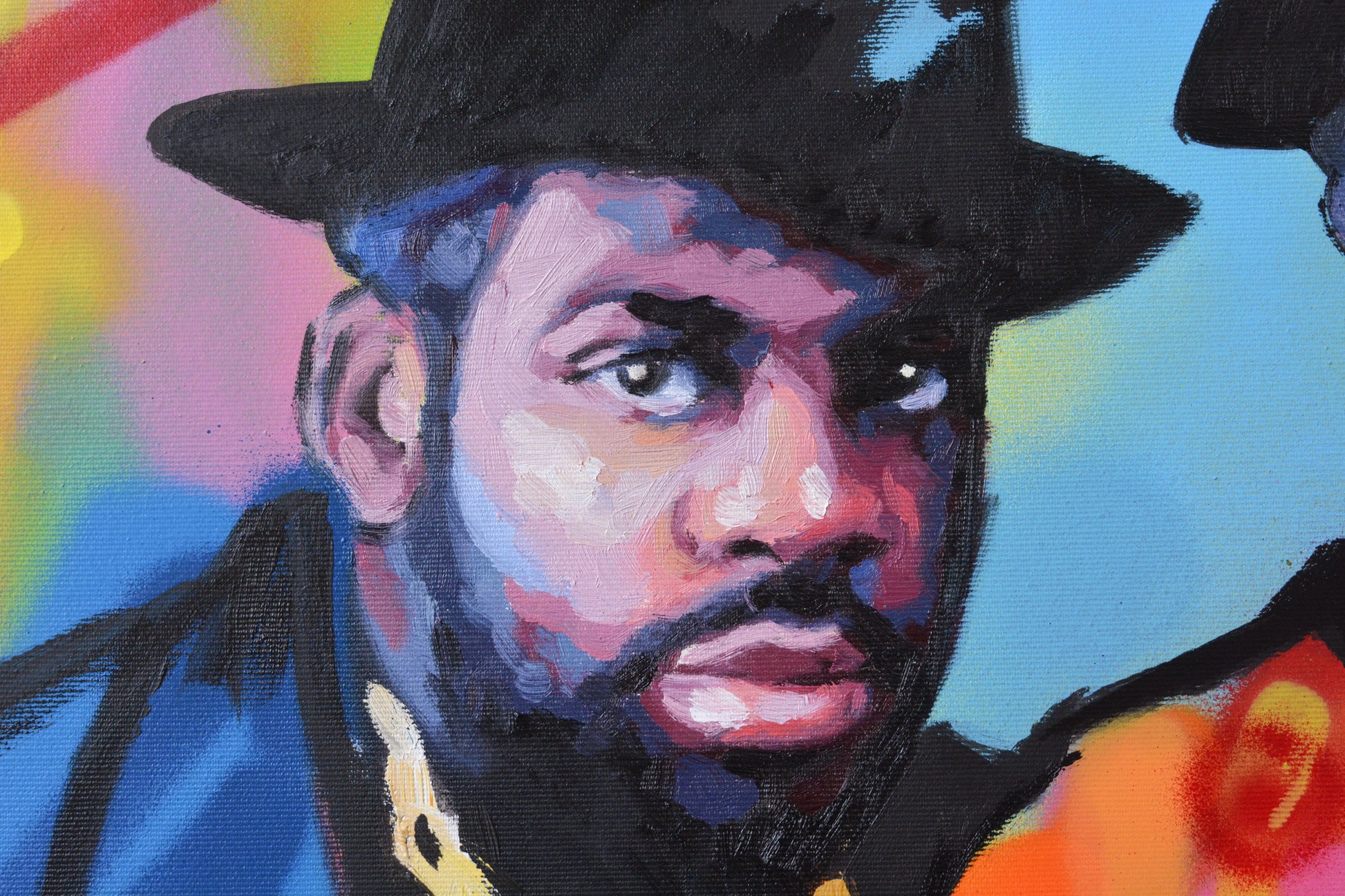 Run-D.M.C hand-painted portrait — close-up of original oil and acrylic on canvas by Richard Day