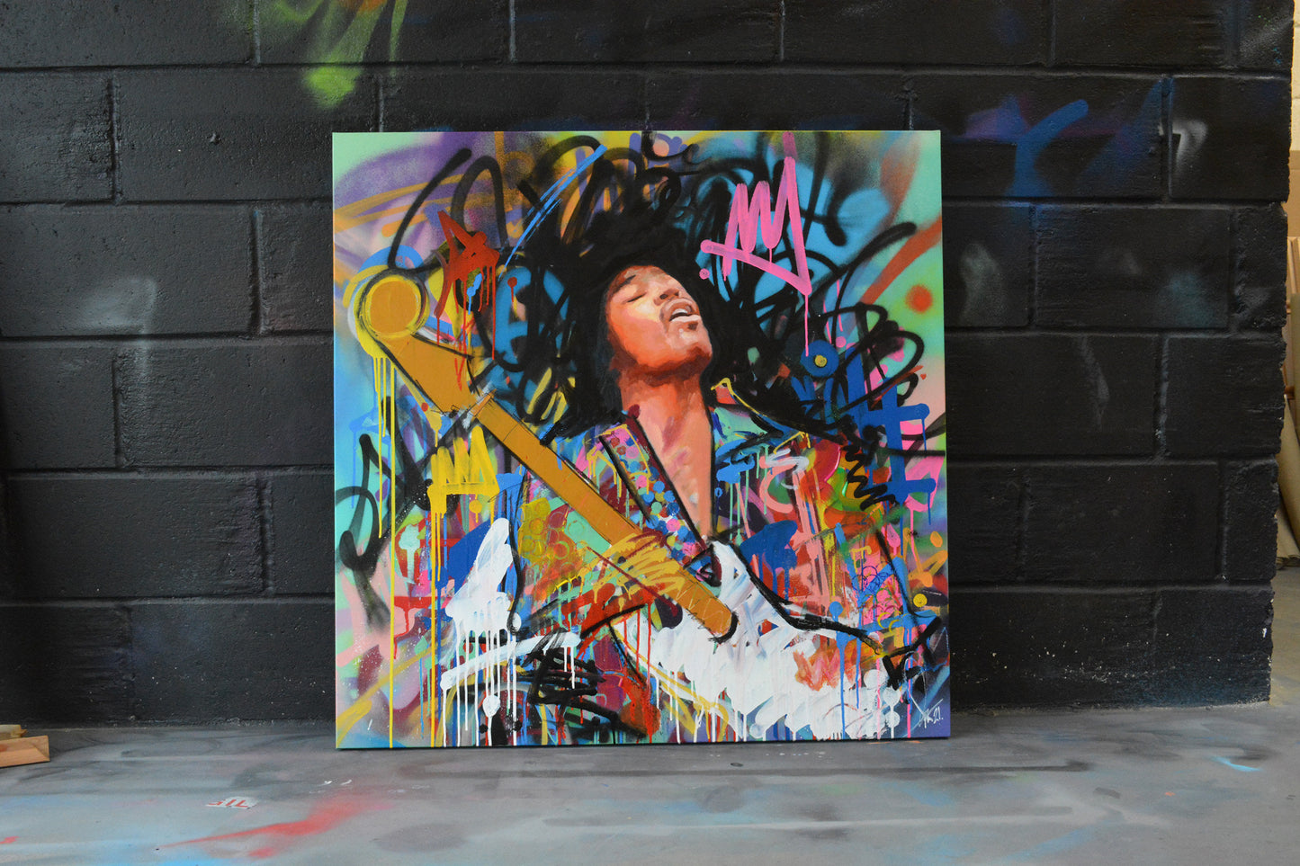 Jimi Hendrix Amped Reverie painting detail - Richard Day Studio