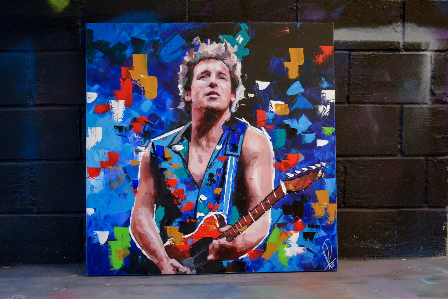 Bruce Springsteen original portrait painting — texture and surface detail in oil and acrylic by Richard Day