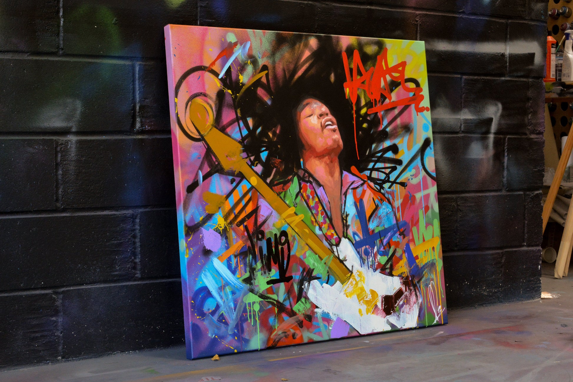 Jimi Hendrix Amped Reverie painting side view - Richard Day