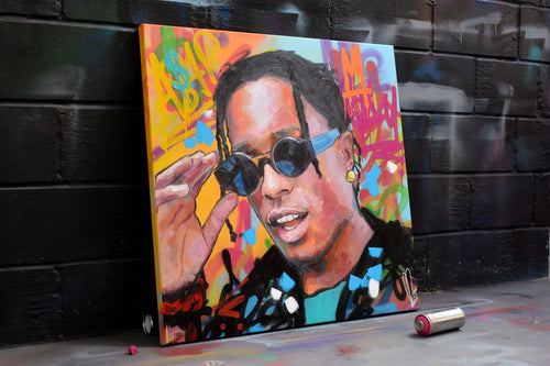 A$AP Rocky portrait painting — detail of brushwork and spray paint texture, hand-painted by Richard Day Studio