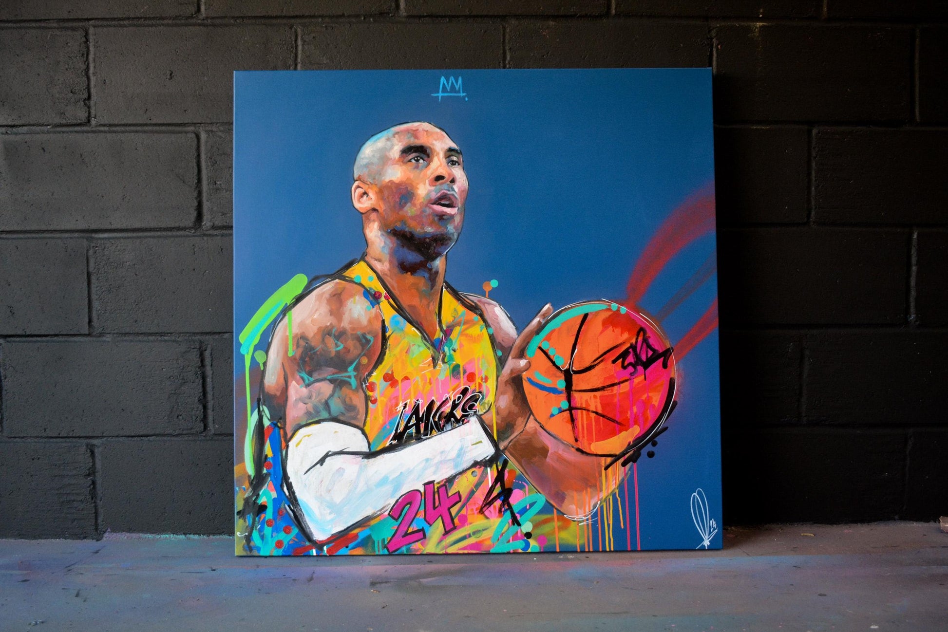 Kobe Bryant portrait painting — detail of brushwork and spray paint texture, hand-painted by Richard Day Studio